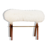 Danish solid teak stool in natural long hair white sheepskin, 1950s