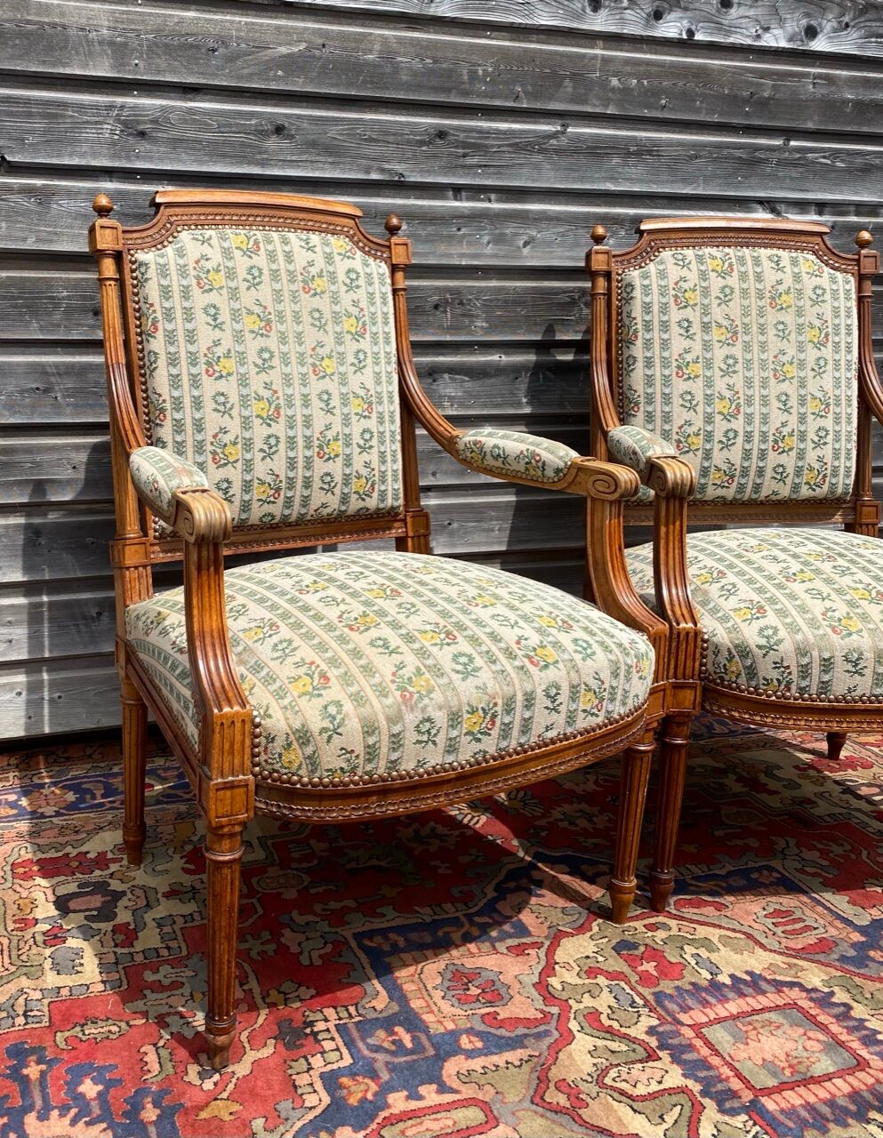 Pair of armchairs in natural wood louis xvi style xix century