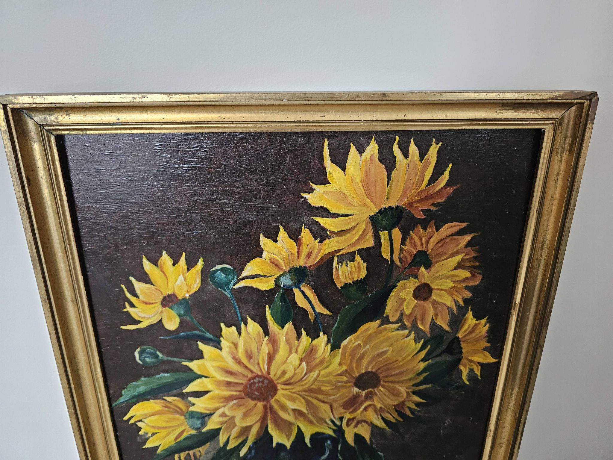 Oil painting on Isorel - Bouquet of yellow flowers Signed Rervillard
