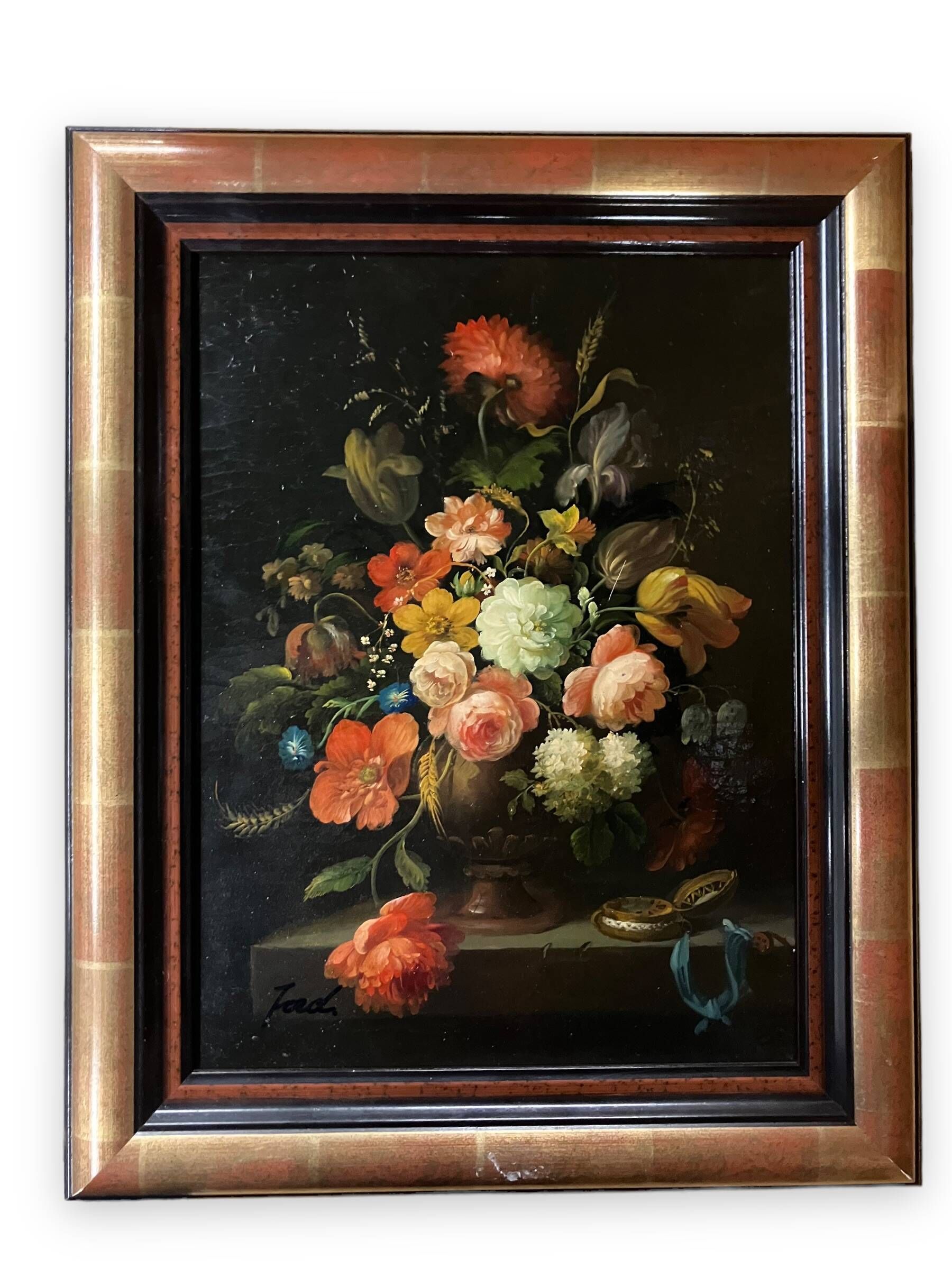 Oil on canvas still life with flower bouquet signed Jord