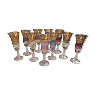 Lot de 10 verres à pied dorés et coloris pastel années 1950 1960