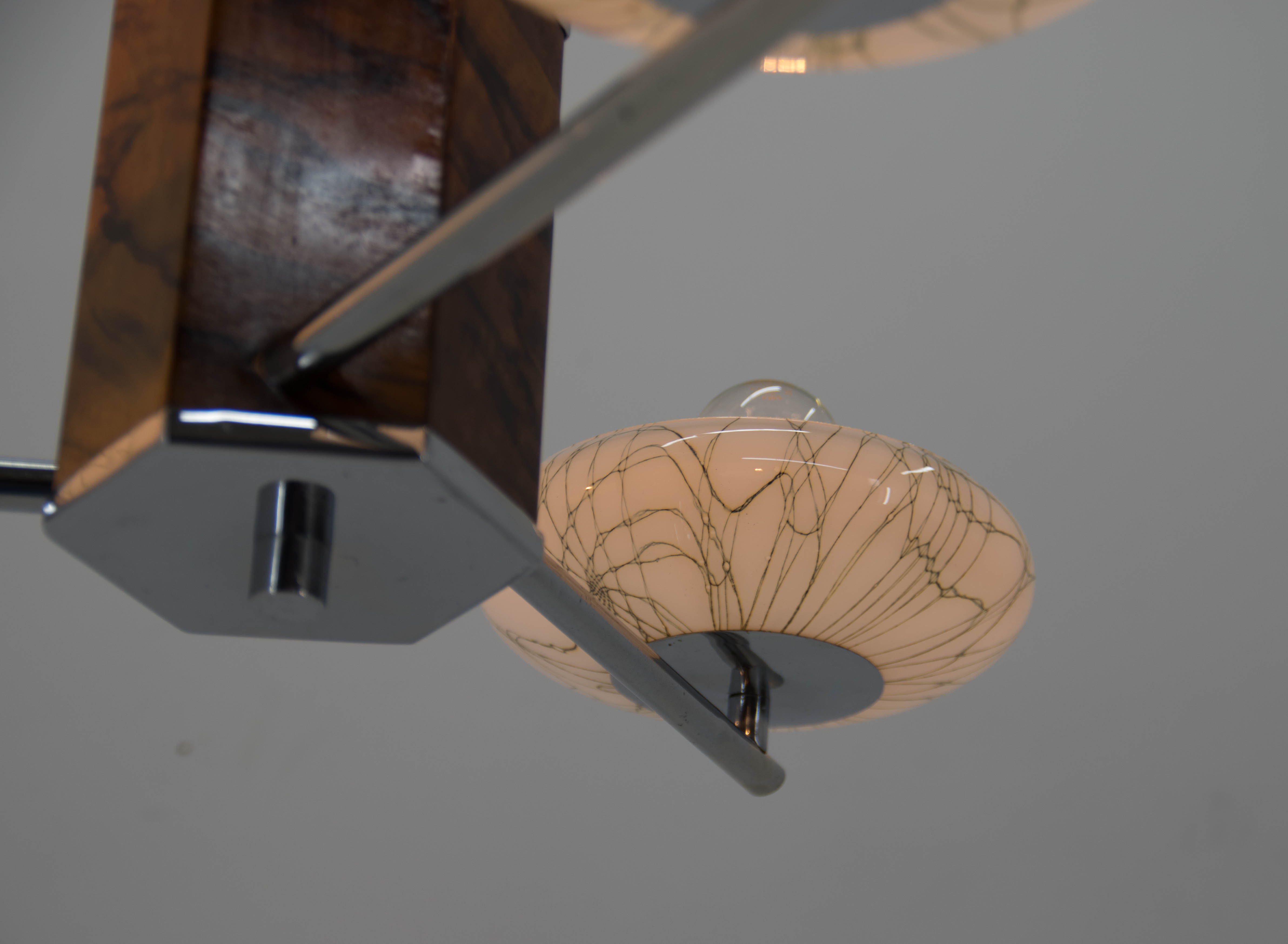 Art deco wood chrome and glass chandelier, 1940s, restored
