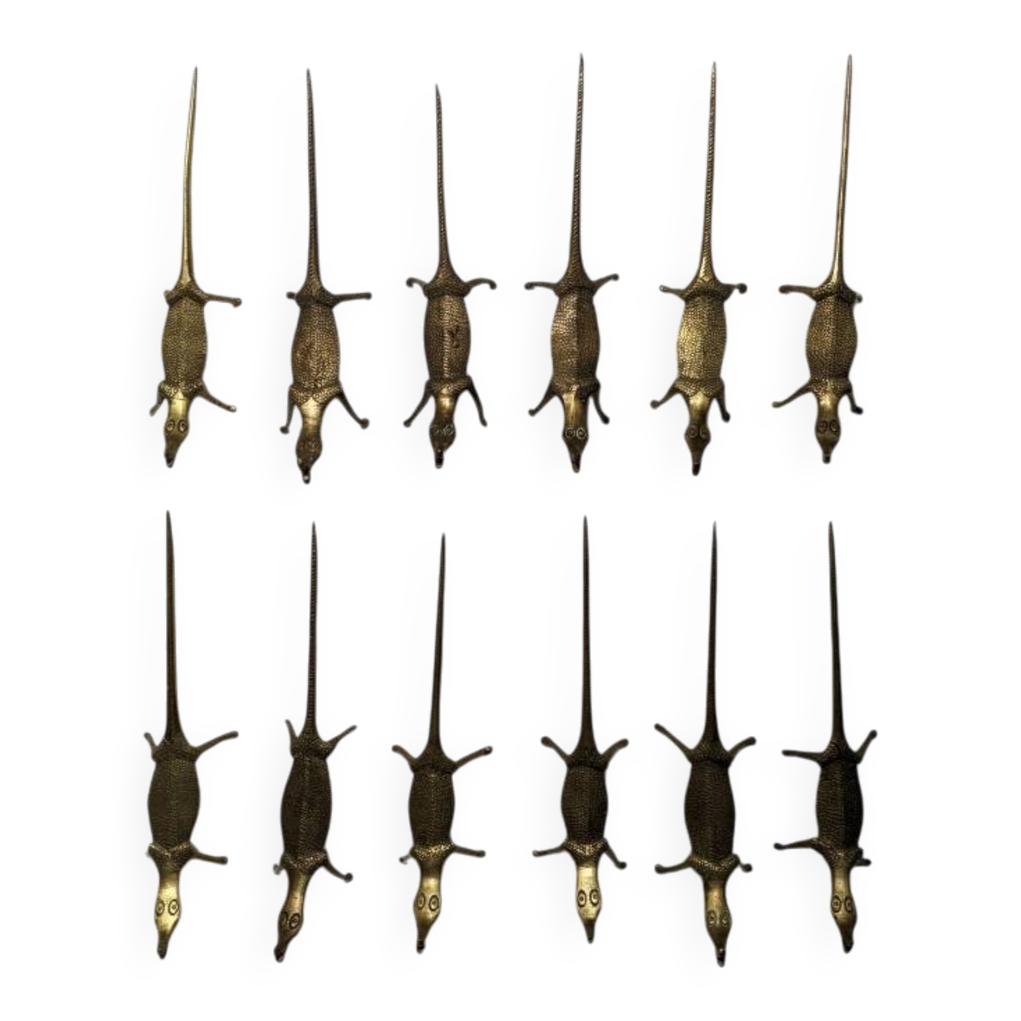 Set of 12 Bronze Knife Rests African Art Handcrafted Crocodiles