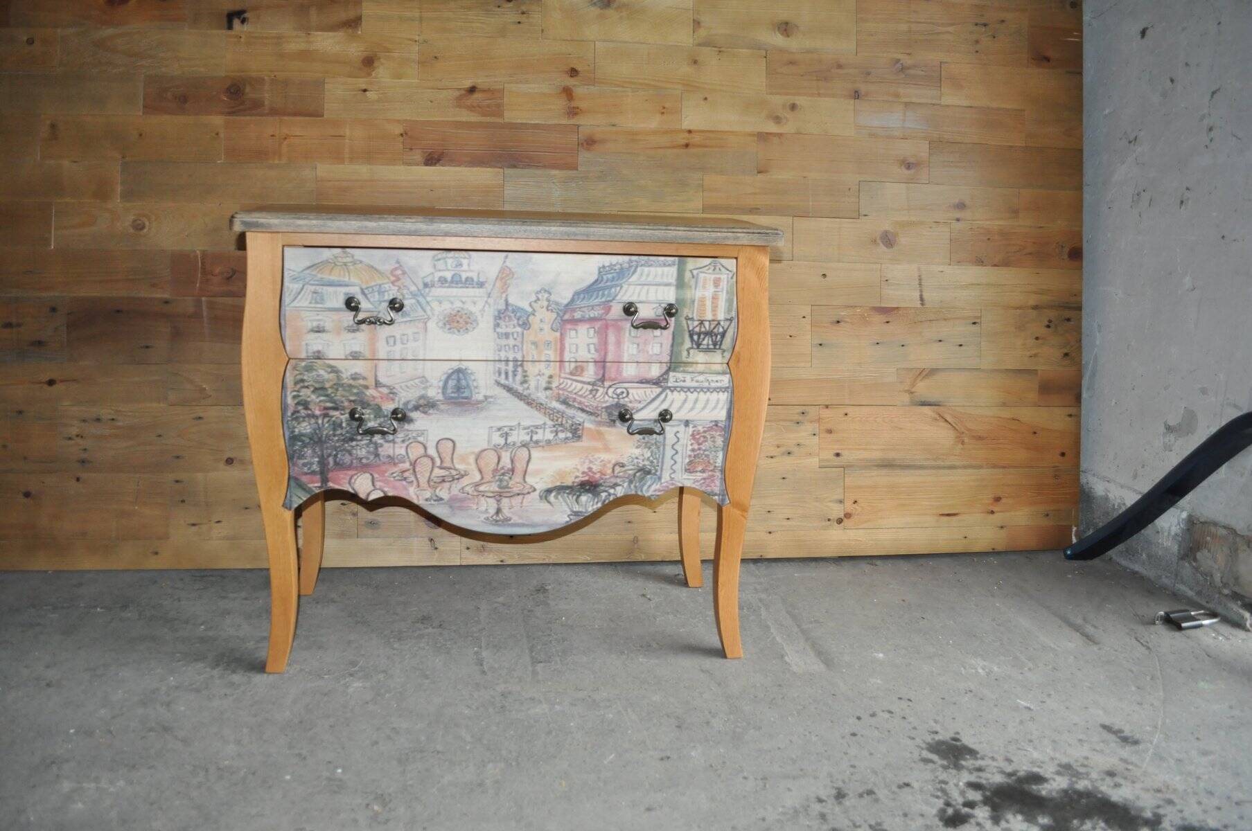 Baroque commode in multicoloured painted wood and black patinated oak with a photo of 'Paris'
