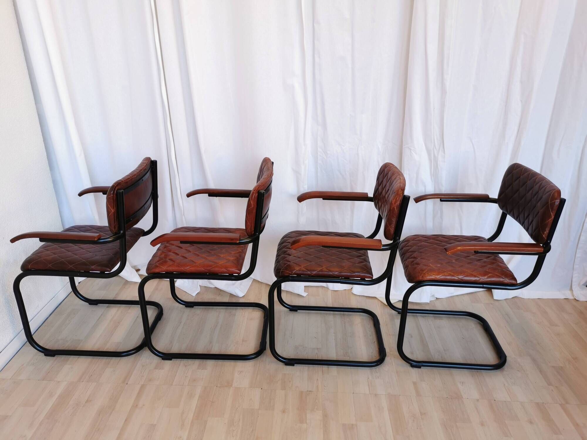 Set of 4 Vintage Quilted Leather Dining Chairs: Black Metal Base