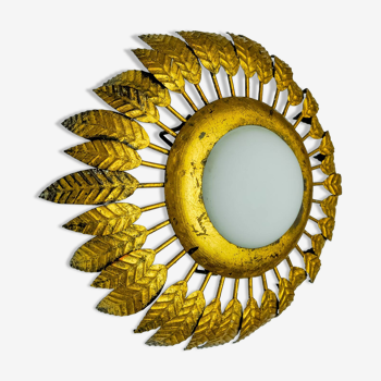 Sun wall lamp by ferro arte, metal and gold leaf and opaline glass, Spain, 1960