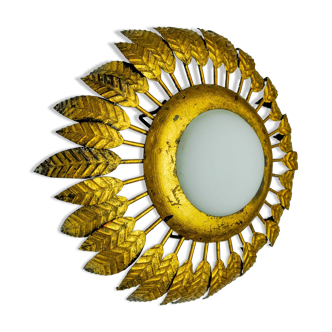 Sun wall lamp by ferro arte, metal and gold leaf and opaline glass, Spain, 1960