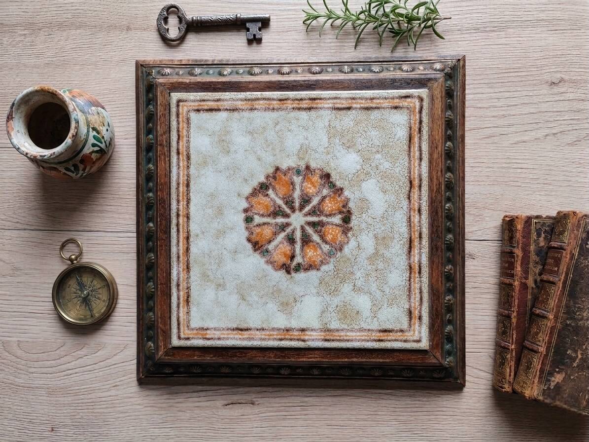 Old Italian Ceramic Trivet and Wooden Frame