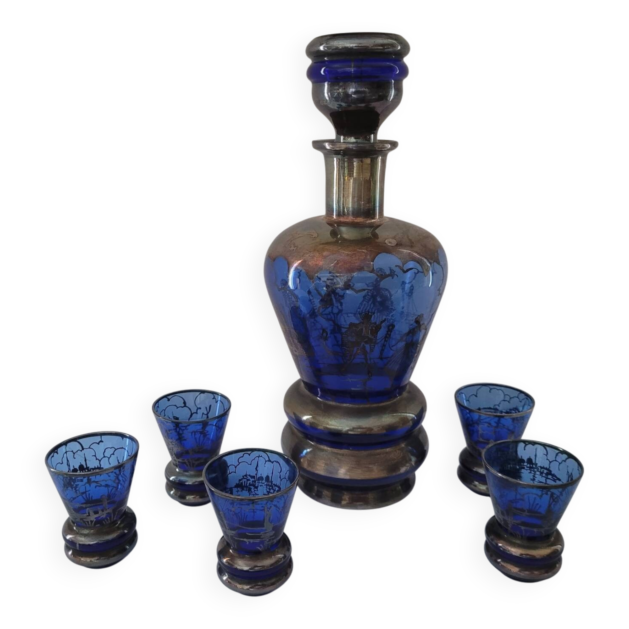 Carafe et 5 verres bleu cobalt décor or
années 1950