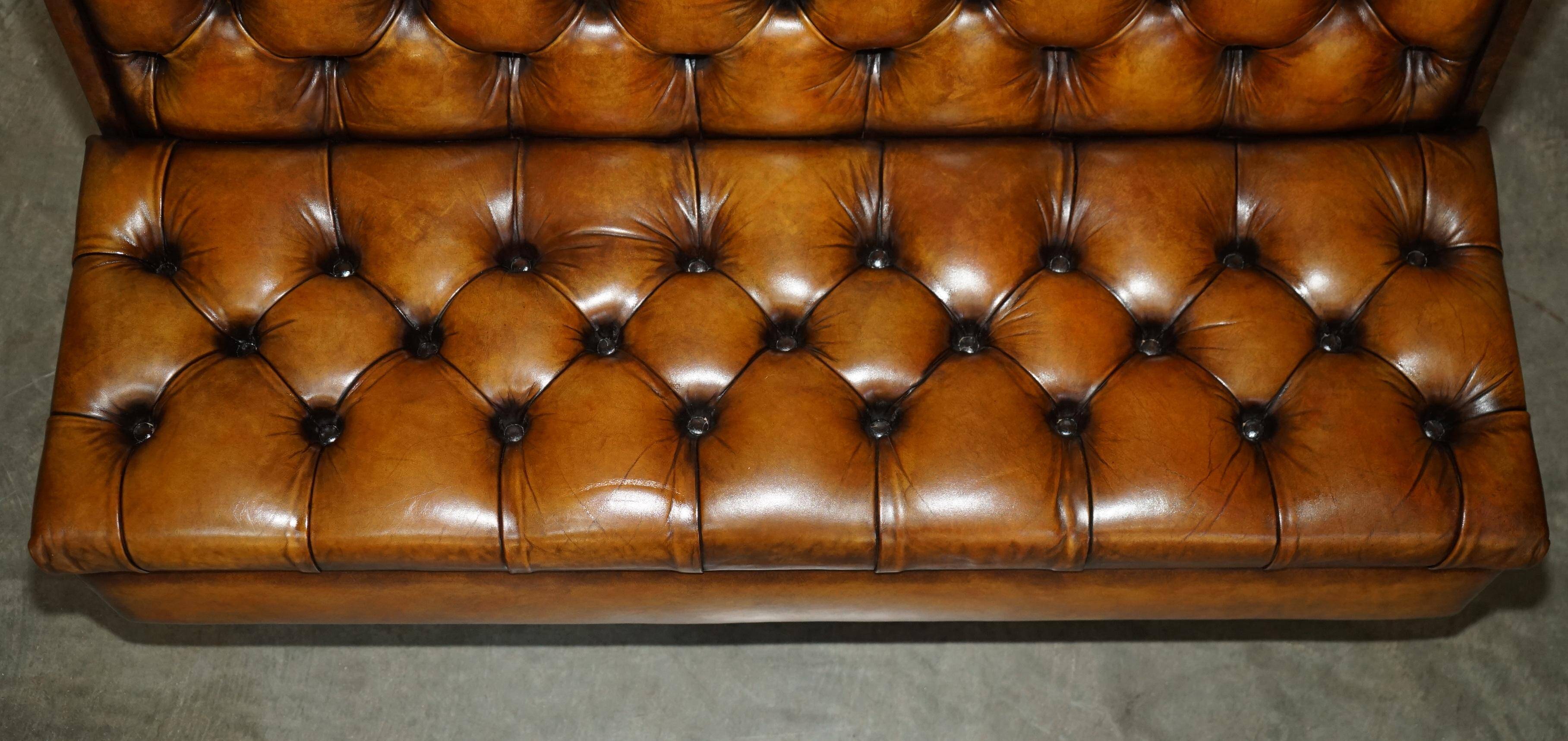 Pair of Victorian Chesterfield pub benches in leather.