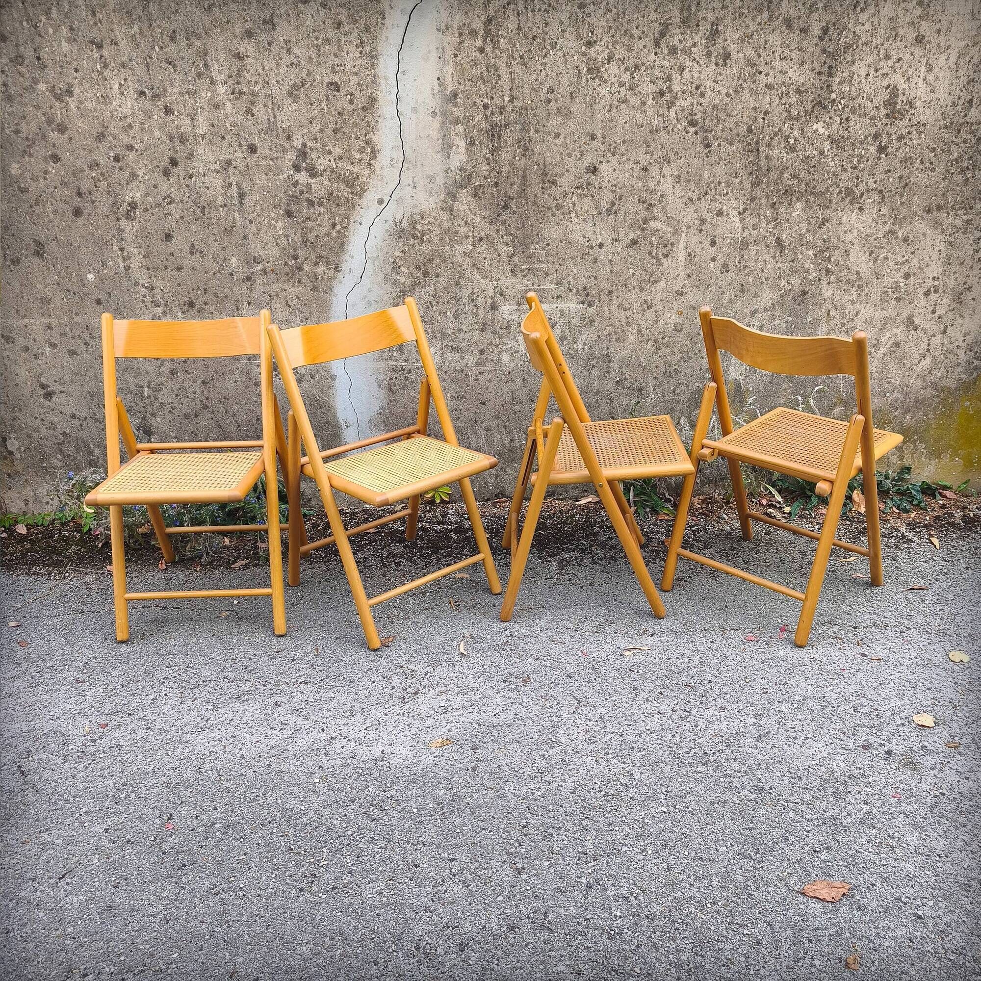 Set of 4 folding chairs in beech and caning by Habitat, 1980s.