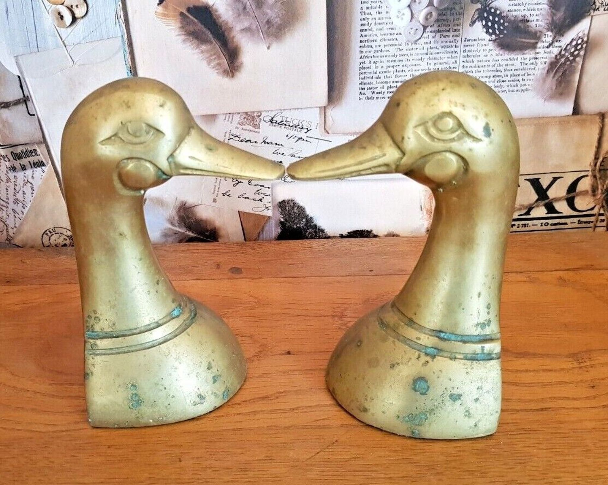 Delightful Pair of Vintage French Heavy Ornamental Brass Duck Bookends  3617