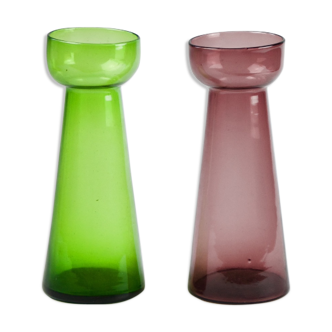 Set of 2 old glass hyacinth vases