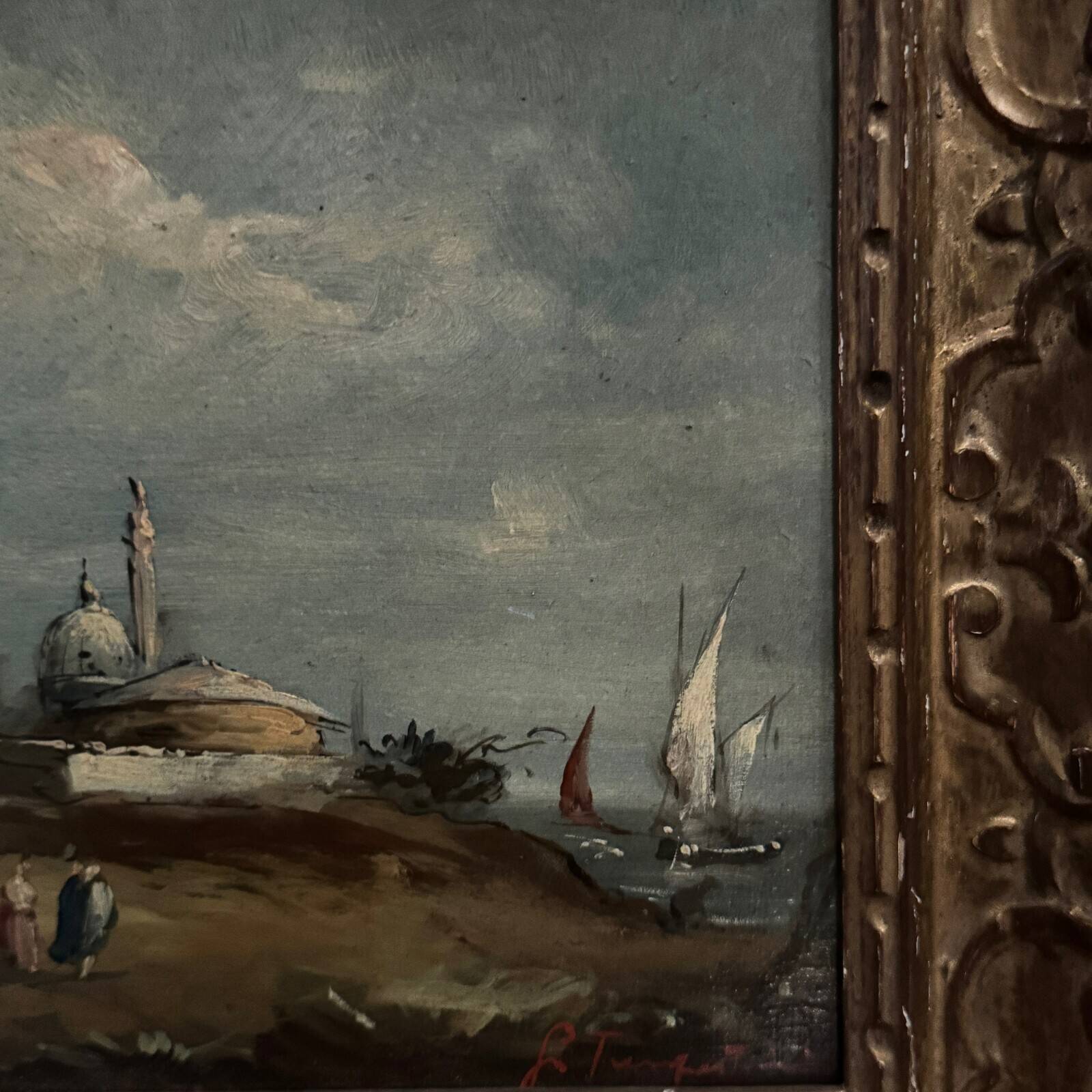 Oil on panel depicting a port from the early 20th century