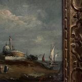 Oil on panel depicting a port from the early 20th century