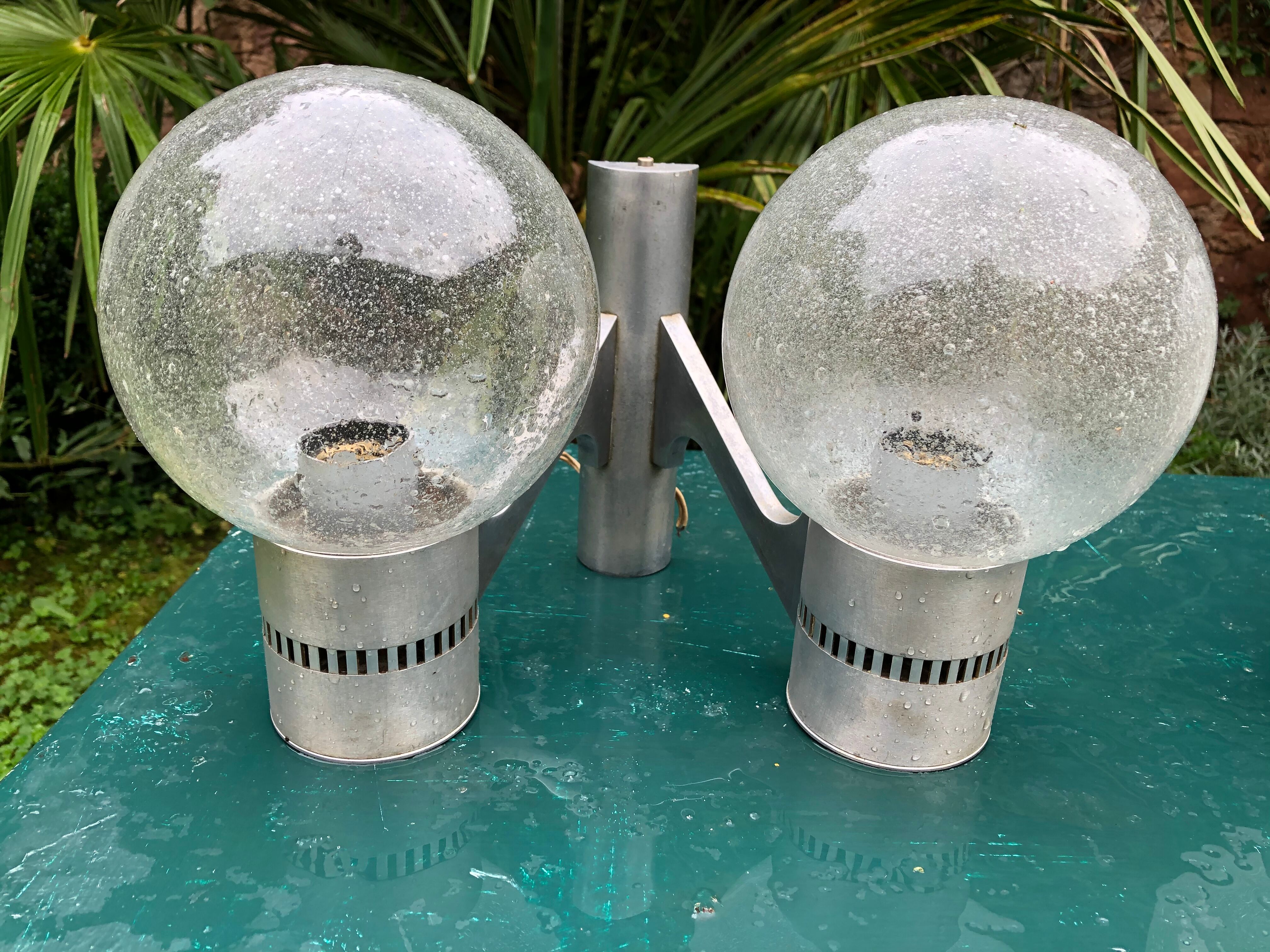 Paire double appliques murales 1970 alu brosse et verre soufflé