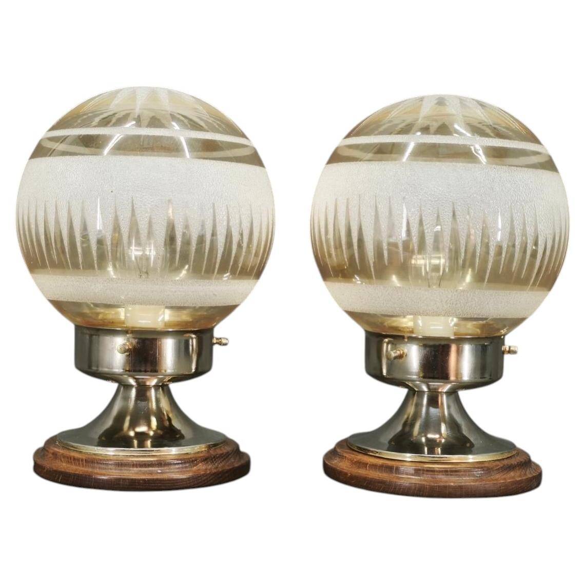 Pair of Italian Etched Glass, Chrome and Wood Table Lamps, 1950s