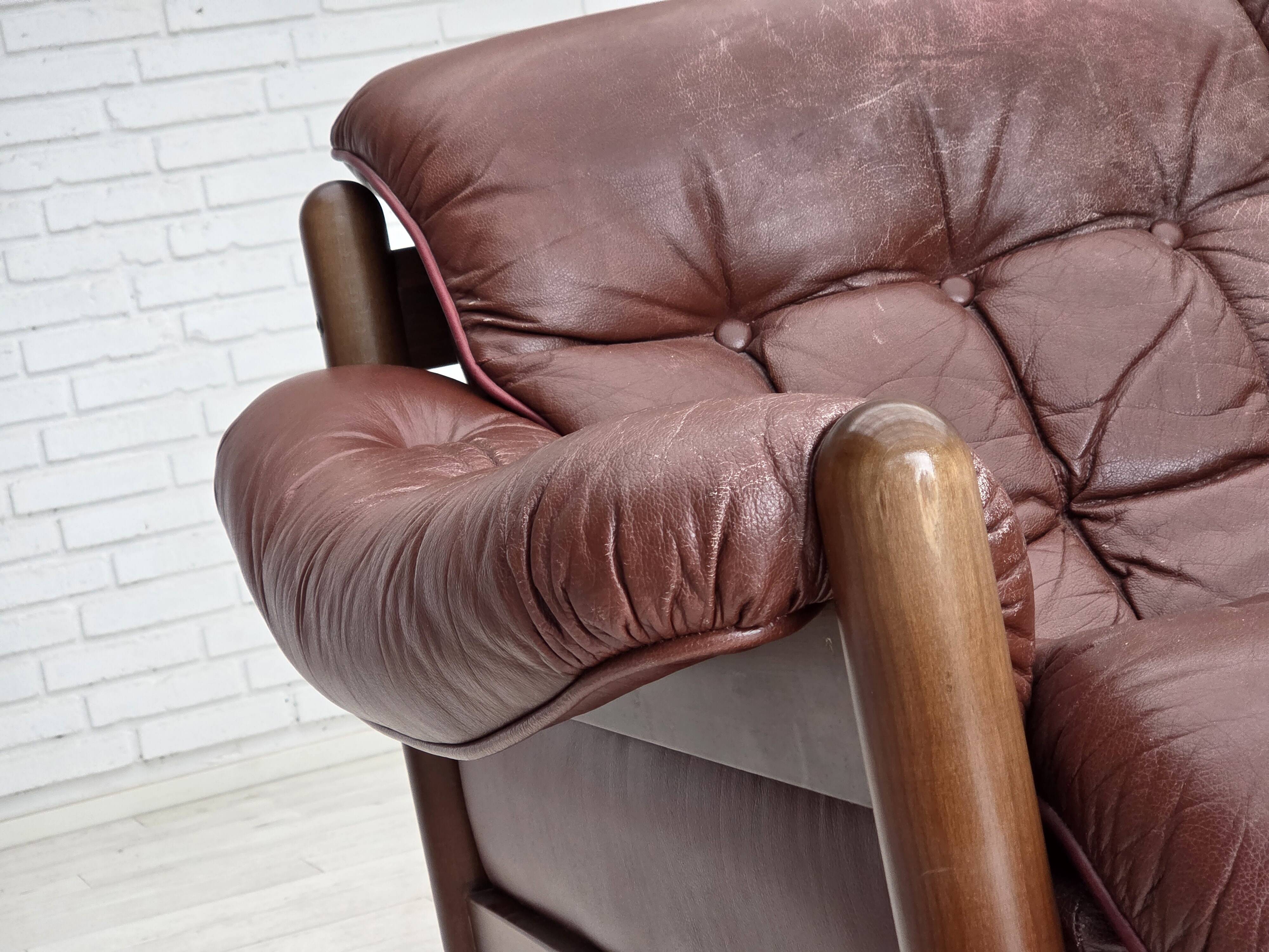 1970s, 2-seater Swedish sofa, brown leather with patina, dark beech wood.