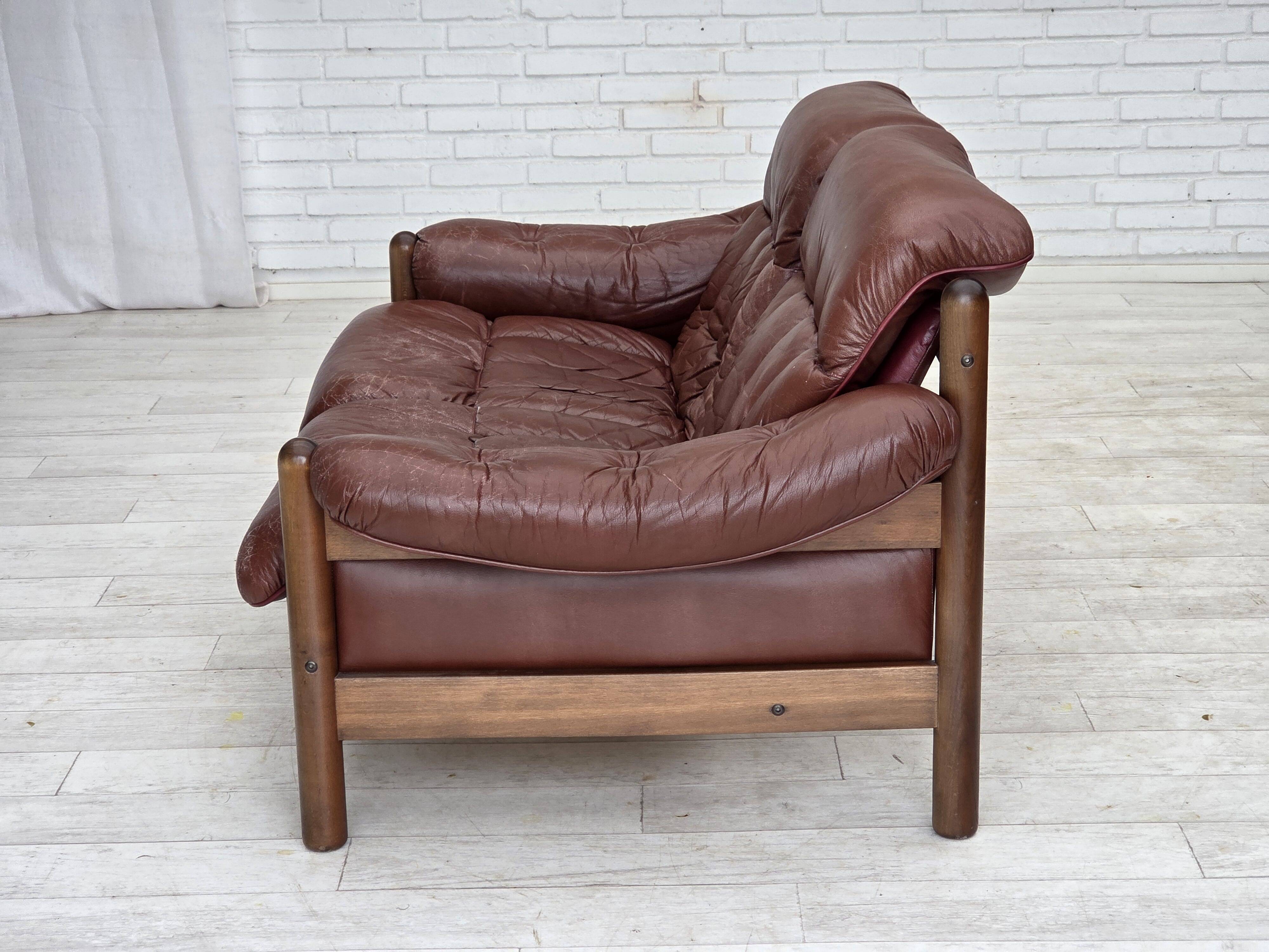 1970s, 2-seater Swedish sofa, brown leather with patina, dark beech wood.