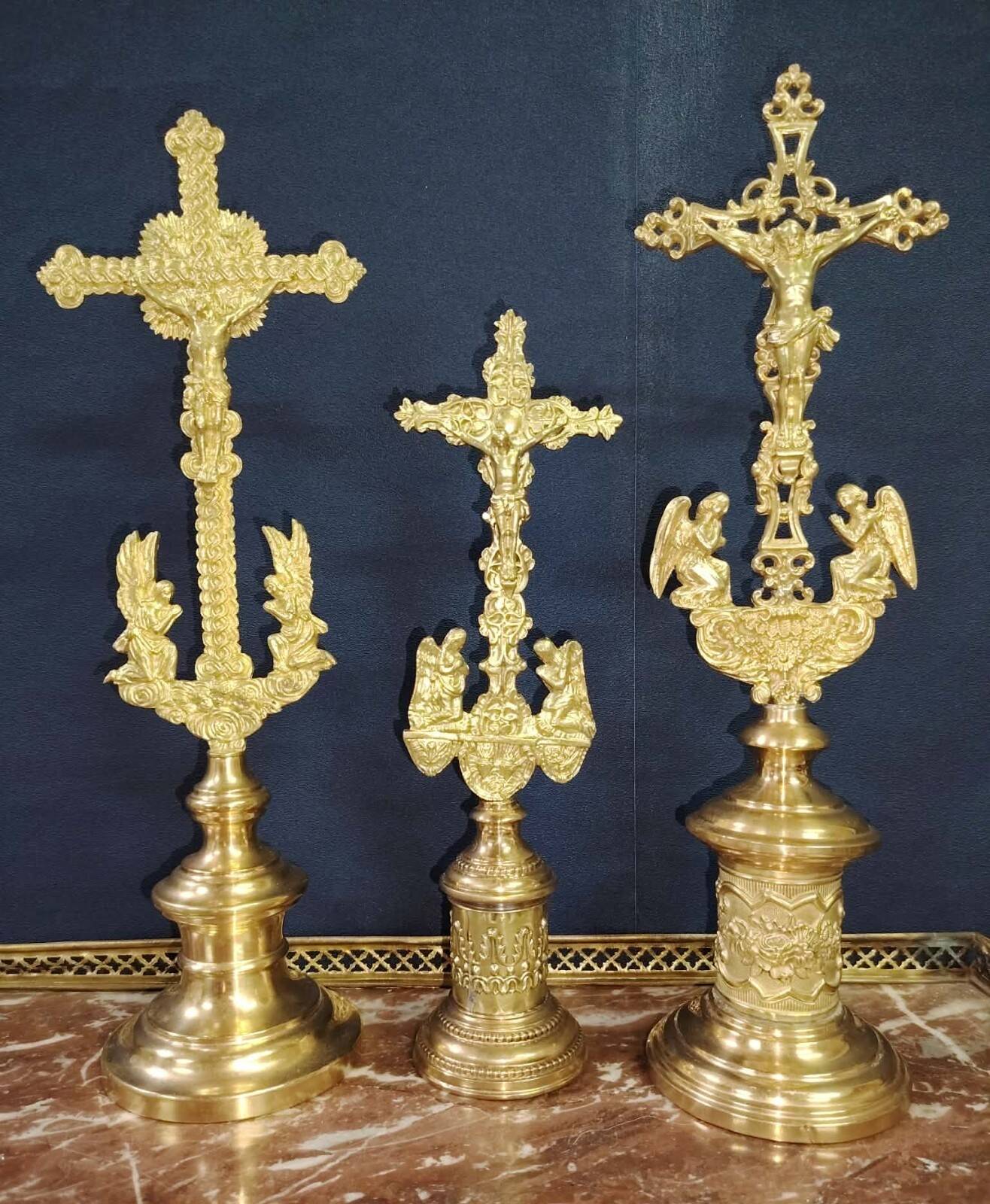 Three Gilded Bronze Altar Crosses, 19th Century