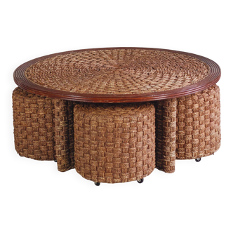 Table basse ronde et tabourets en corde tressée et rotin, 1970