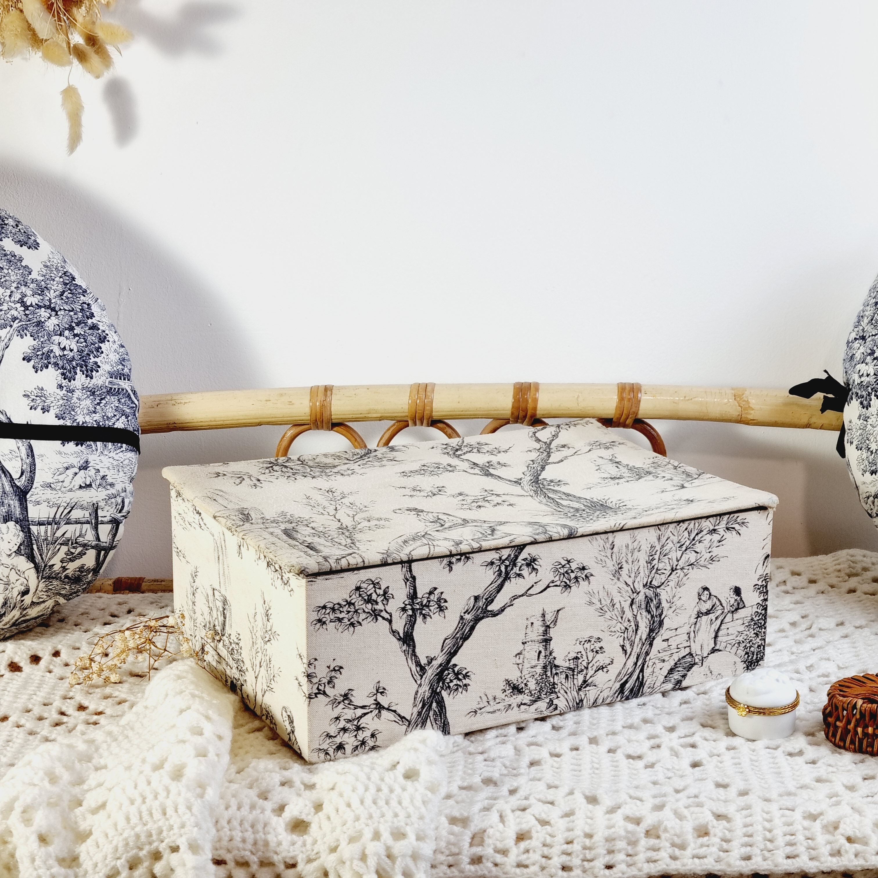 Large antique box made of toile de jouy