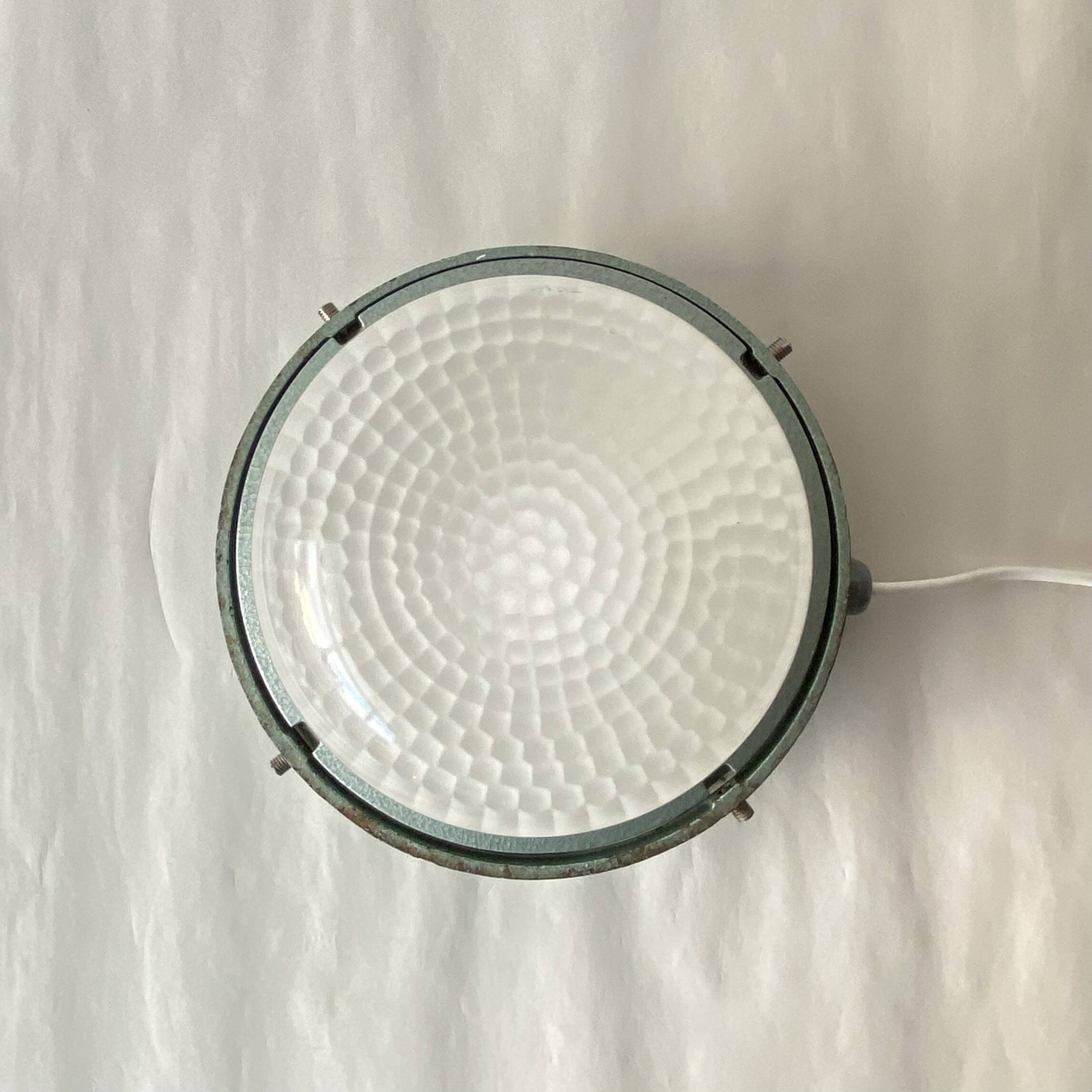 Large porthole wall light Holophane CE 200 glass and cast iron
