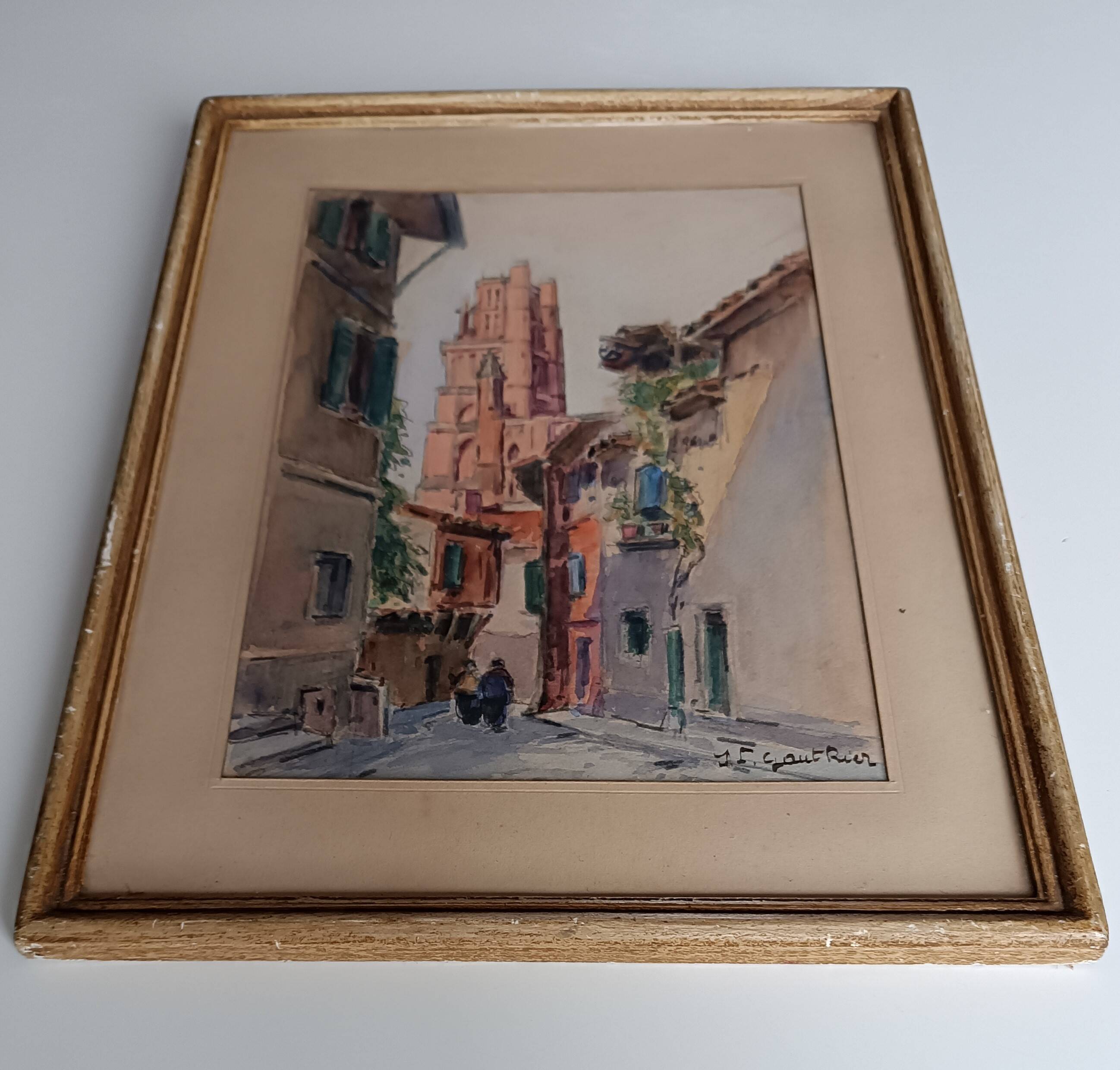 Signed watercolor painting View of Albi Cathedral