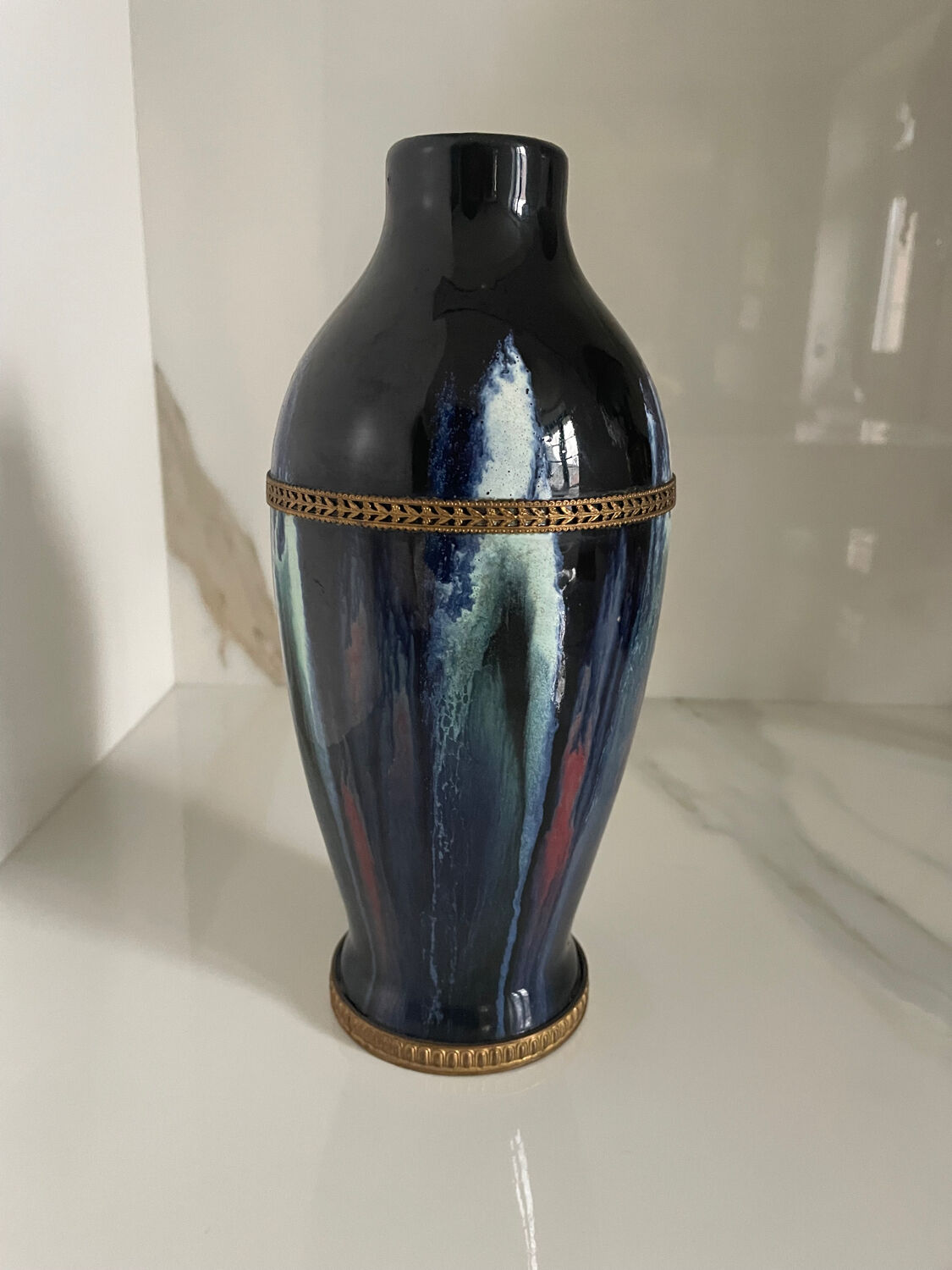 Ceramic vase with enamel drips, brass mount, around 1920, Be