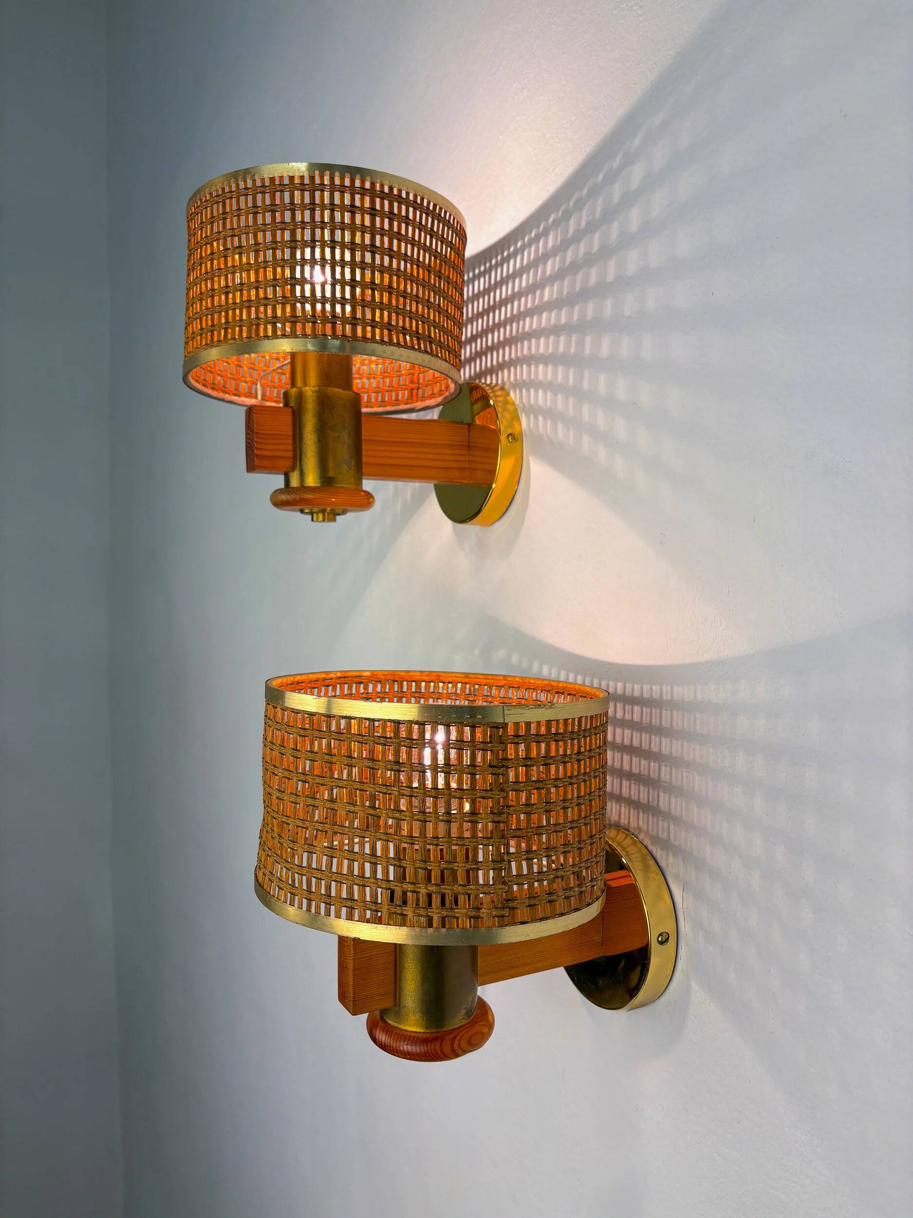 Pair of vintage rattan & wood wall sconces, Italy, 1970s