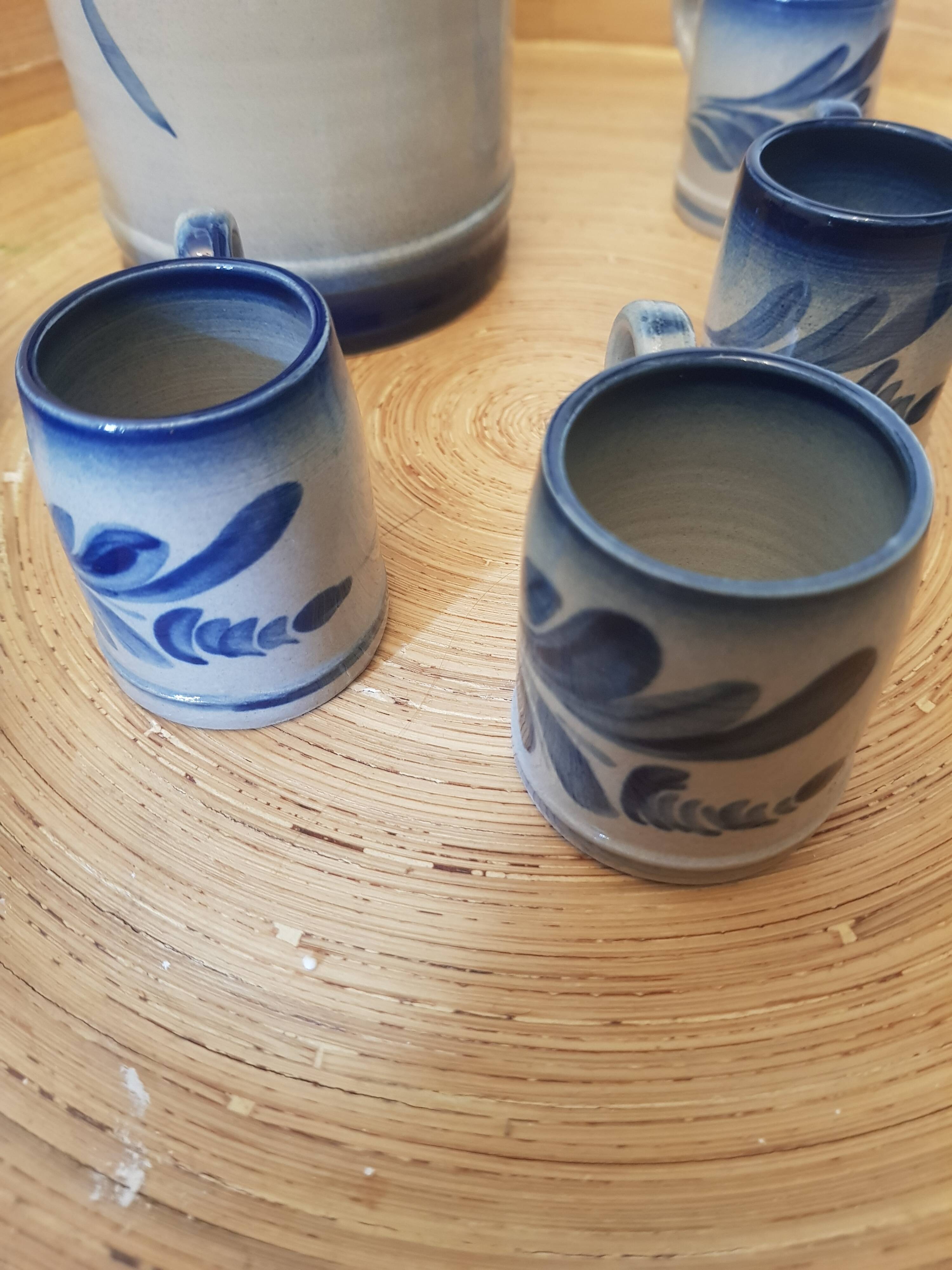 Pitcher and 8 mugs signed Anne Ehret in Alsace stoneware