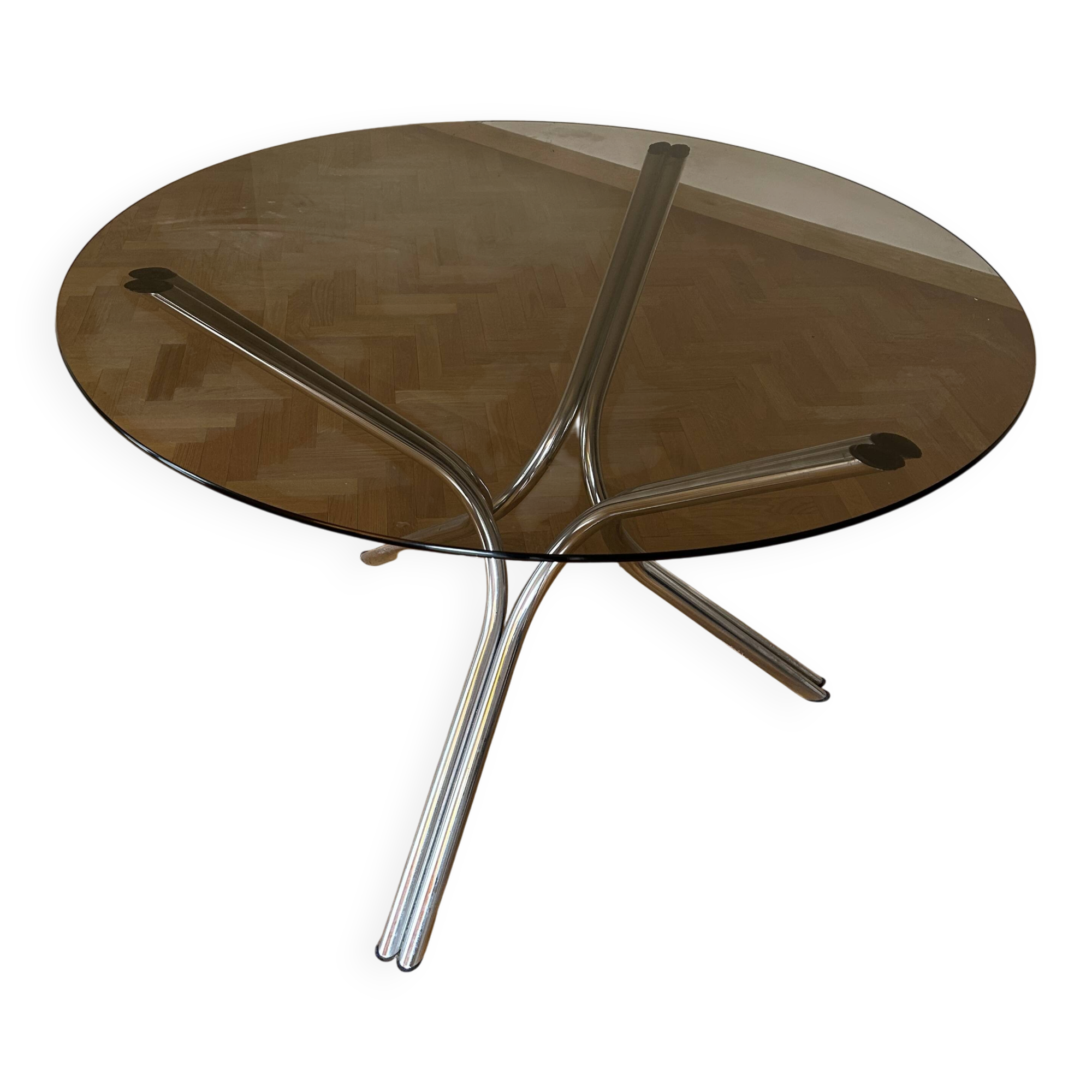 Smoked glass table with chrome legs