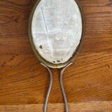 Ancien miroir verre biseauté face a main laiton + manches metal vintage