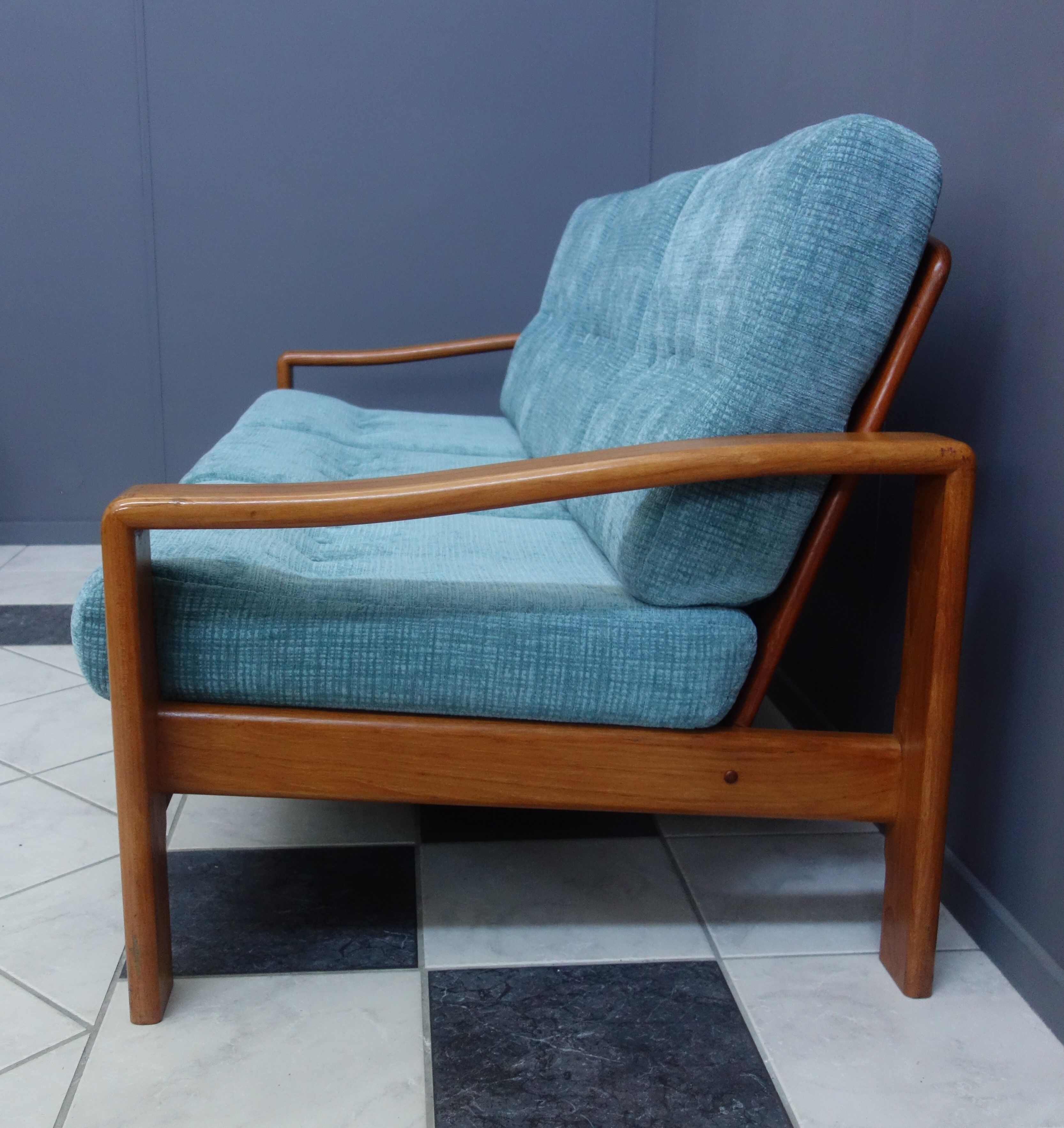 Teak and Green fabric Danish 3 seat sofa 1960s