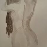 Tableau signé aquarelle monochrome sépia portrait féminin « la coiffure »
