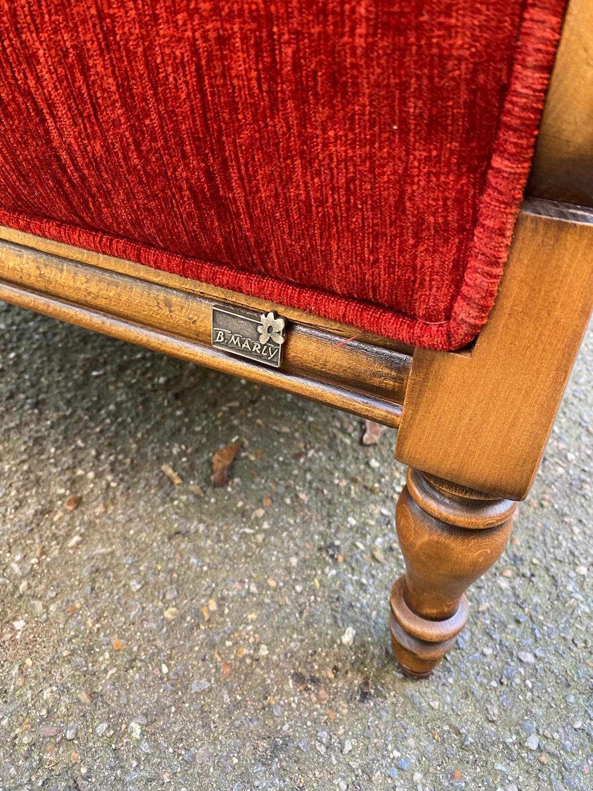 Louis XV 2-seater canapé B. Marly France 1950 solid wood burgundy velvet