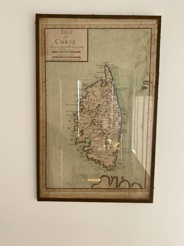 Ancienne carte de l'Isle de Corse encadrée sous verre