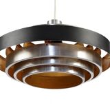Multi layered "space age" pendant light in brushed aluminium with red light effect. Denmark 1960s