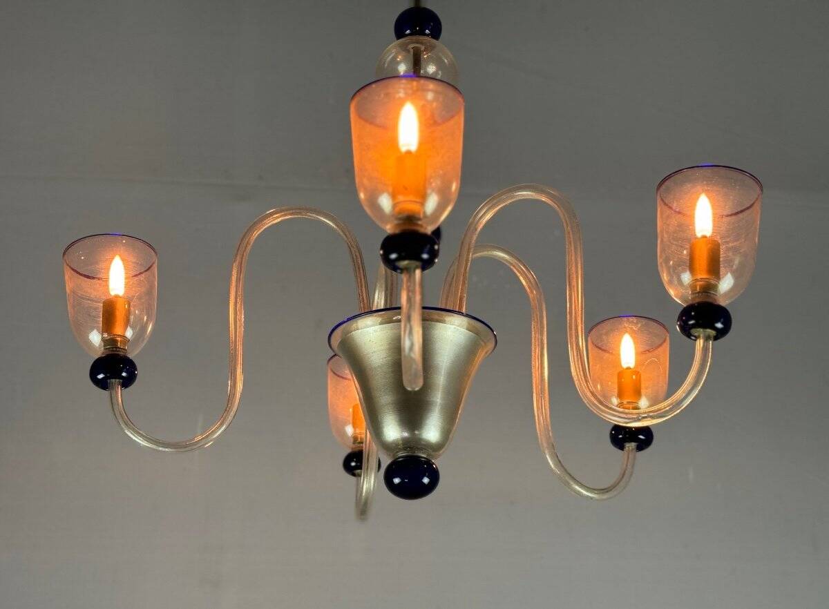 Venetian chandelier in gold and dark blue Murano glass, 5 light arms, circa 1960