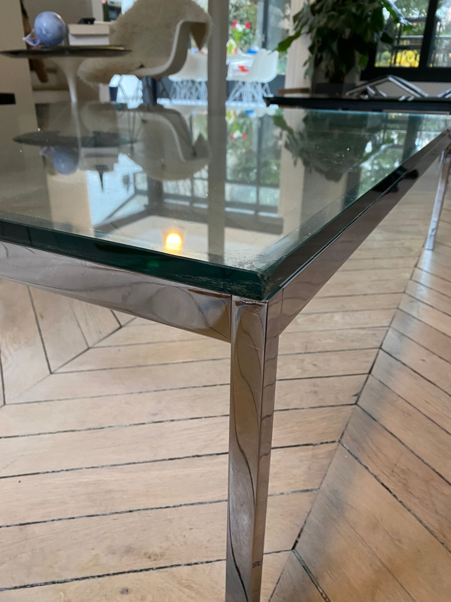 Table basse design Italien verre épais et acier brossé