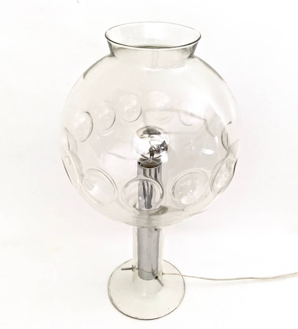 Steel Table Lamp with a Spheric Transparent Murano Glass Lampshade, Italy