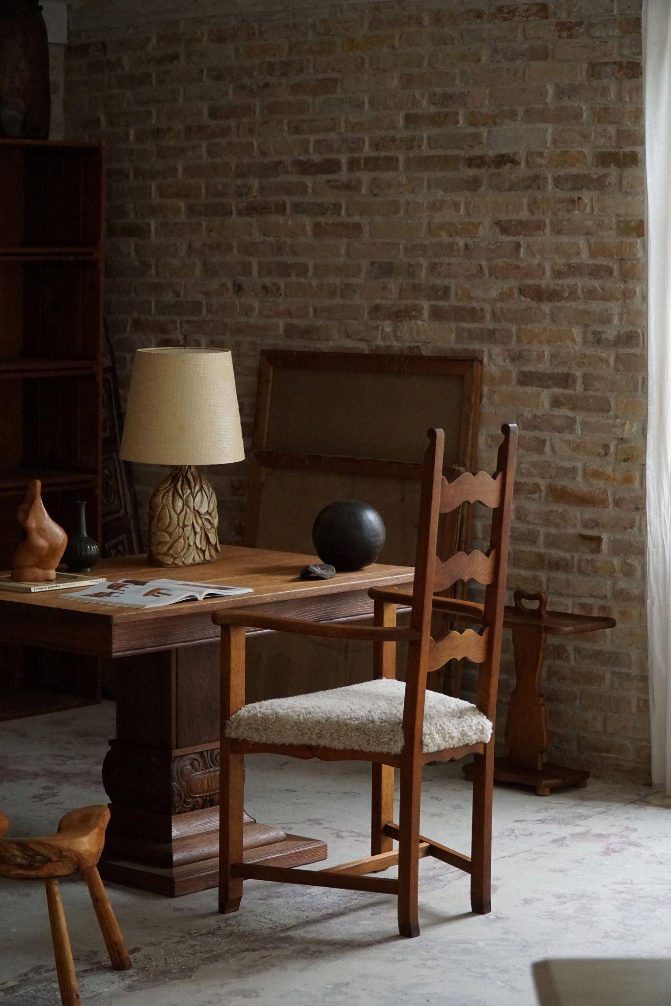 Classic Oak Armchair with Lambswool Upholstery, Mid-Century Danish, 1950s