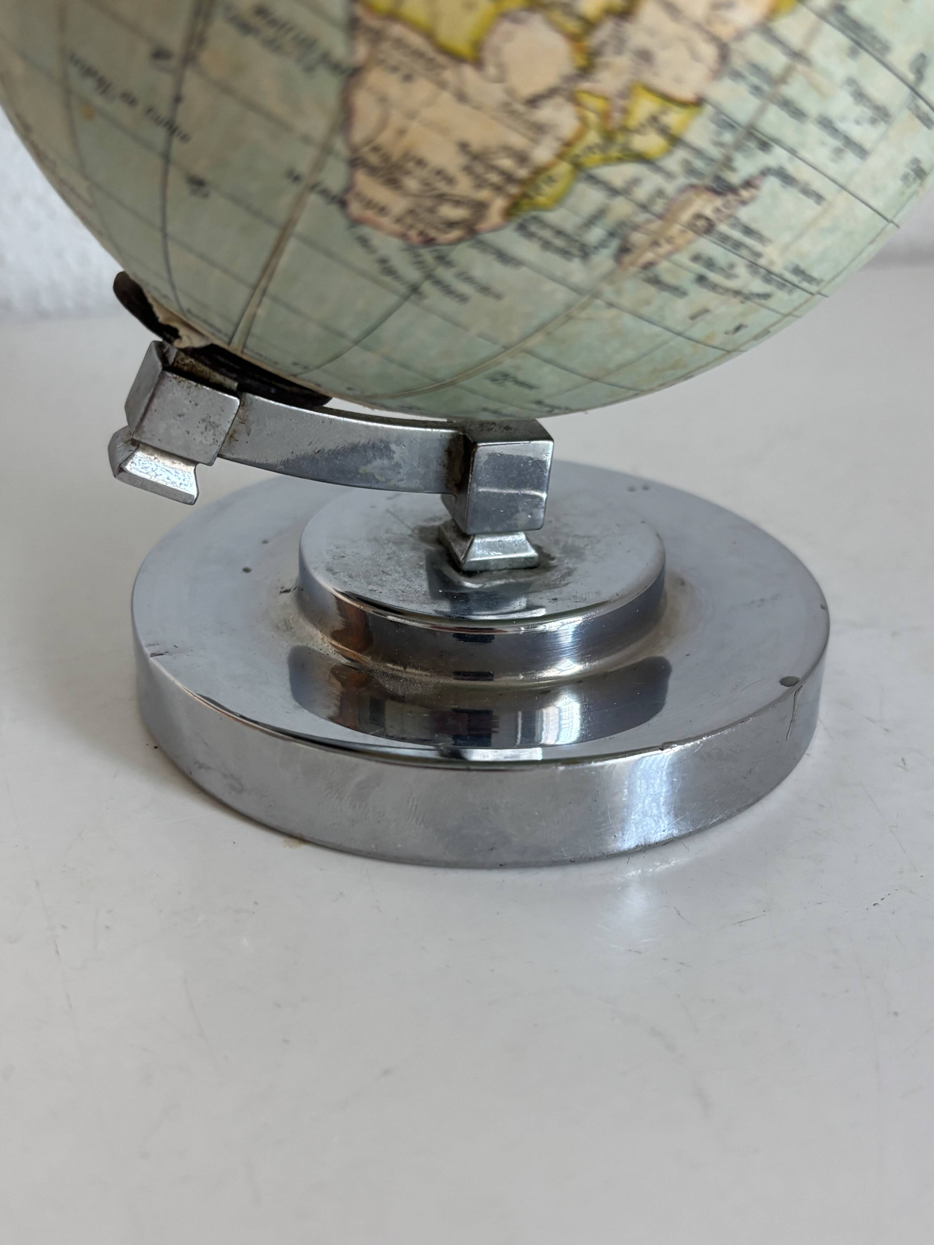 Antique French terrestrial globe – Chrome Art Deco base – Circa 1930 – Cart