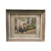 Watercolor painting man garden M. Dulout NINETEENTH