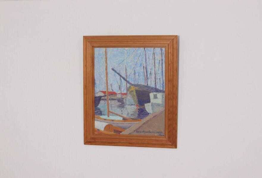 Original Swedish oil on panel – “Moored Boats” by Olle Anderson – vintage & framed – 44 × 51 cm