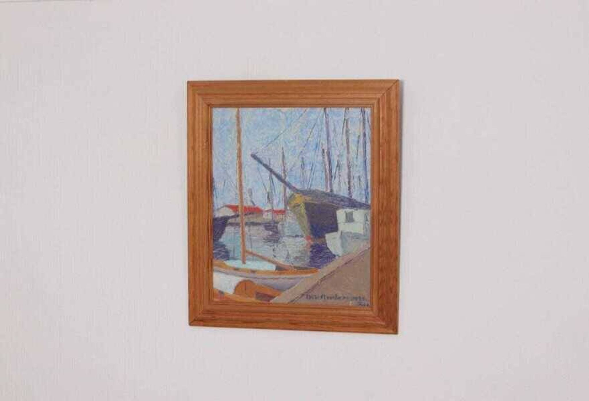 Original Swedish oil on panel – “Moored Boats” by Olle Anderson – vintage & framed – 44 × 51 cm