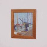 Original Swedish oil on panel – “Moored Boats” by Olle Anderson – vintage & framed – 44 × 51 cm