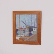 Original Swedish oil on panel – “Moored Boats” by Olle Anderson – vintage & framed – 44 × 51 cm