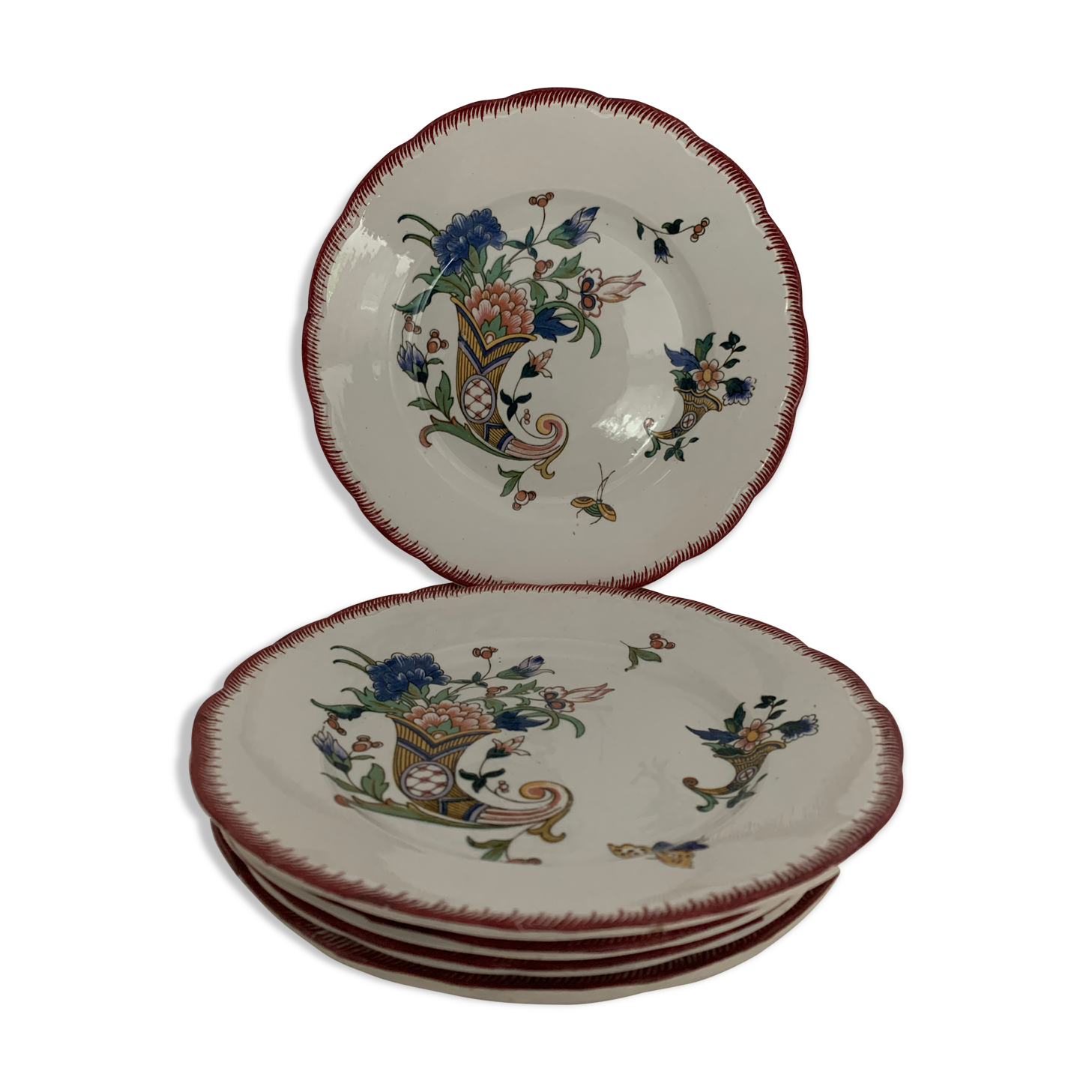 6 Sarreguemines dessert plates, cornucopia, 1928