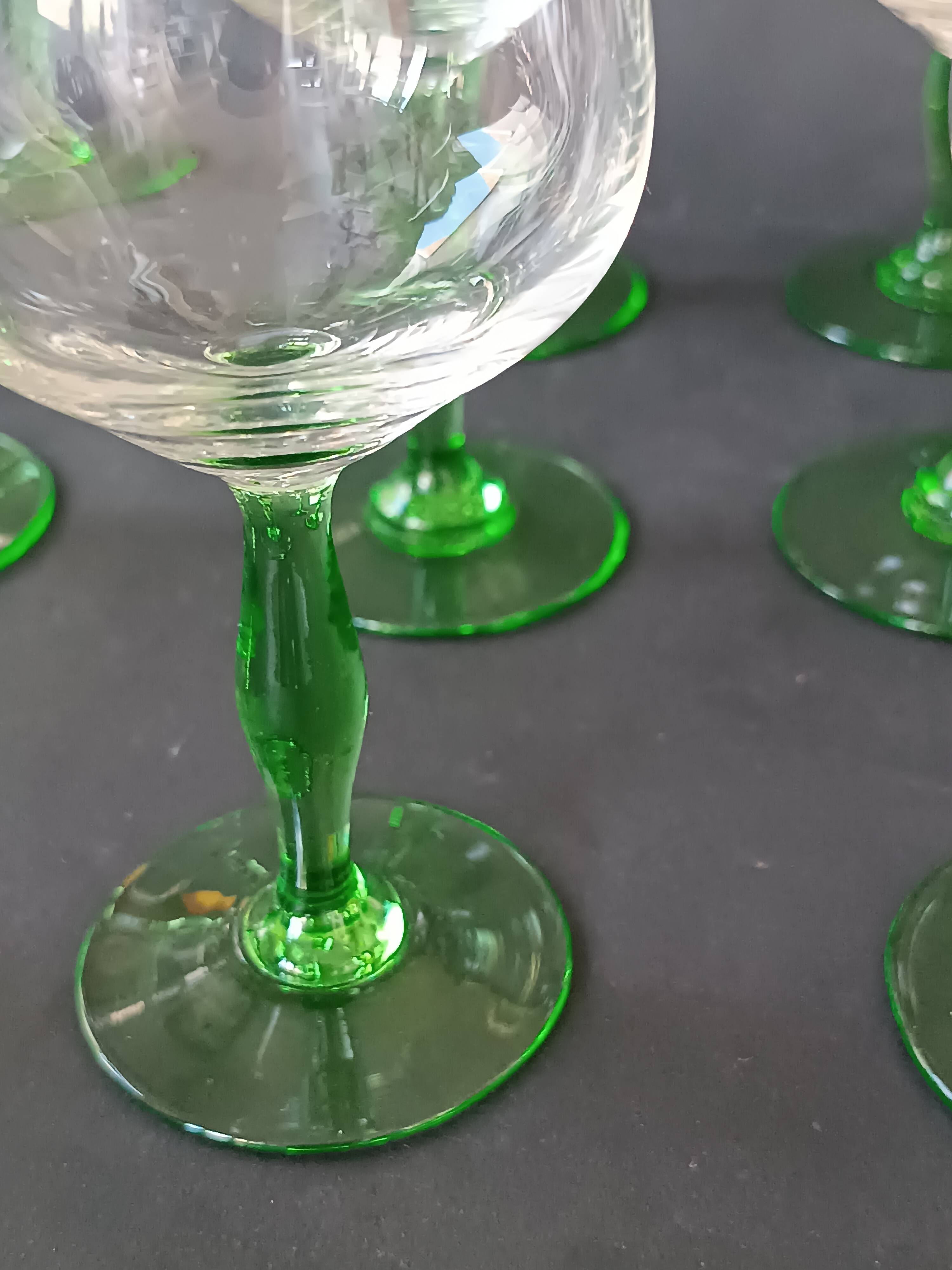 12 green footed wine glasses in opaline blown crystal 1900